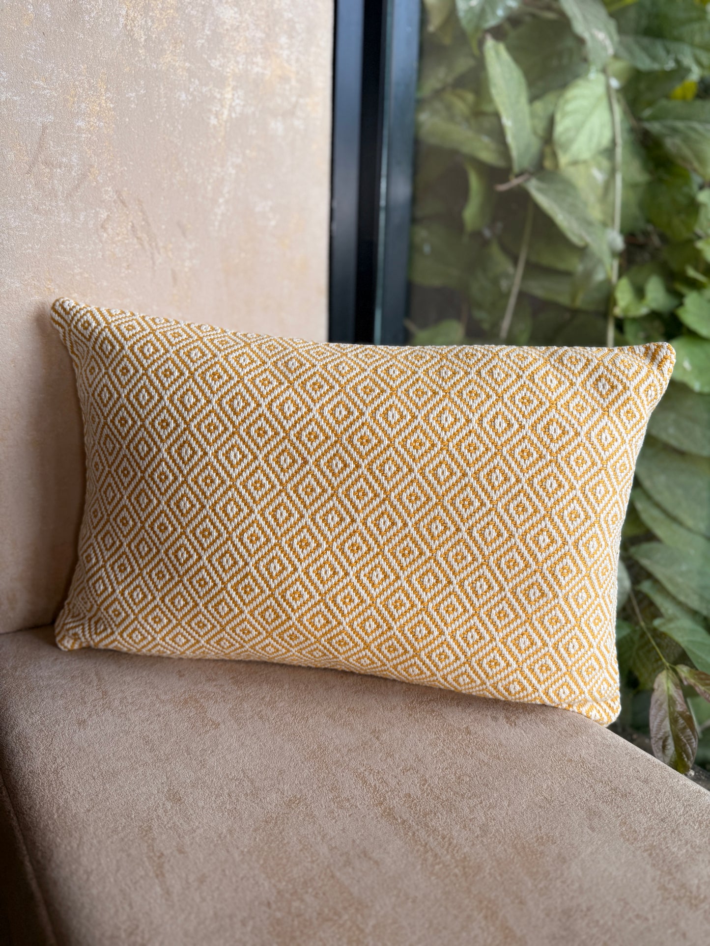 Yellow and White Diamond Pattern Cushion Cover