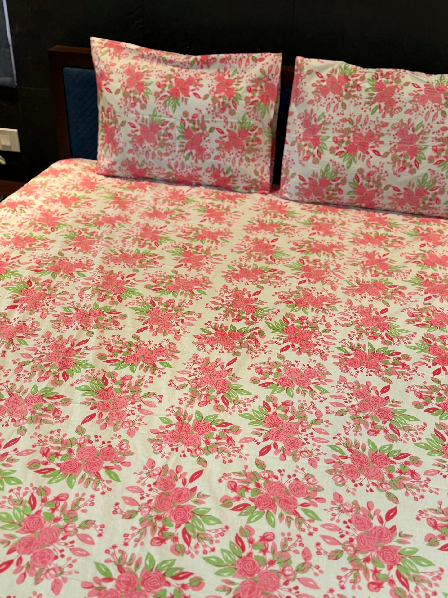 Pink and Green Flower Printed Bed Sheet