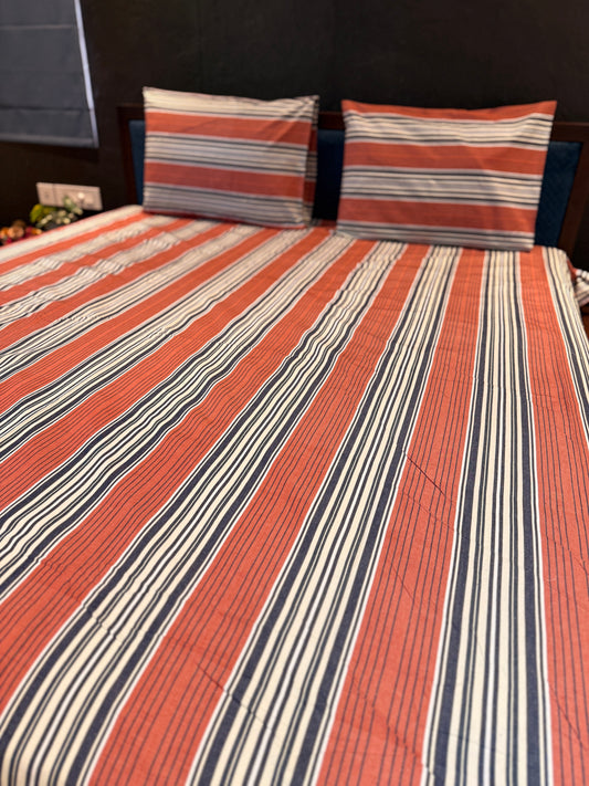 Brick Red Stripe Bed Sheet with 2 Pillow Cover