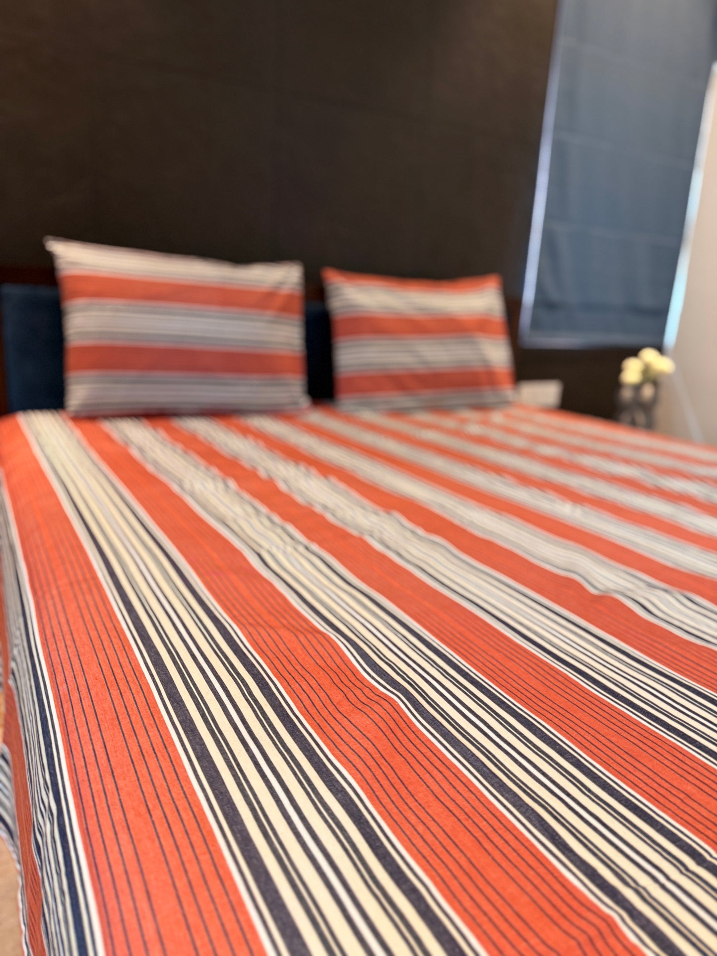 Brick Red Stripe Bed Sheet with 2 Pillow Cover