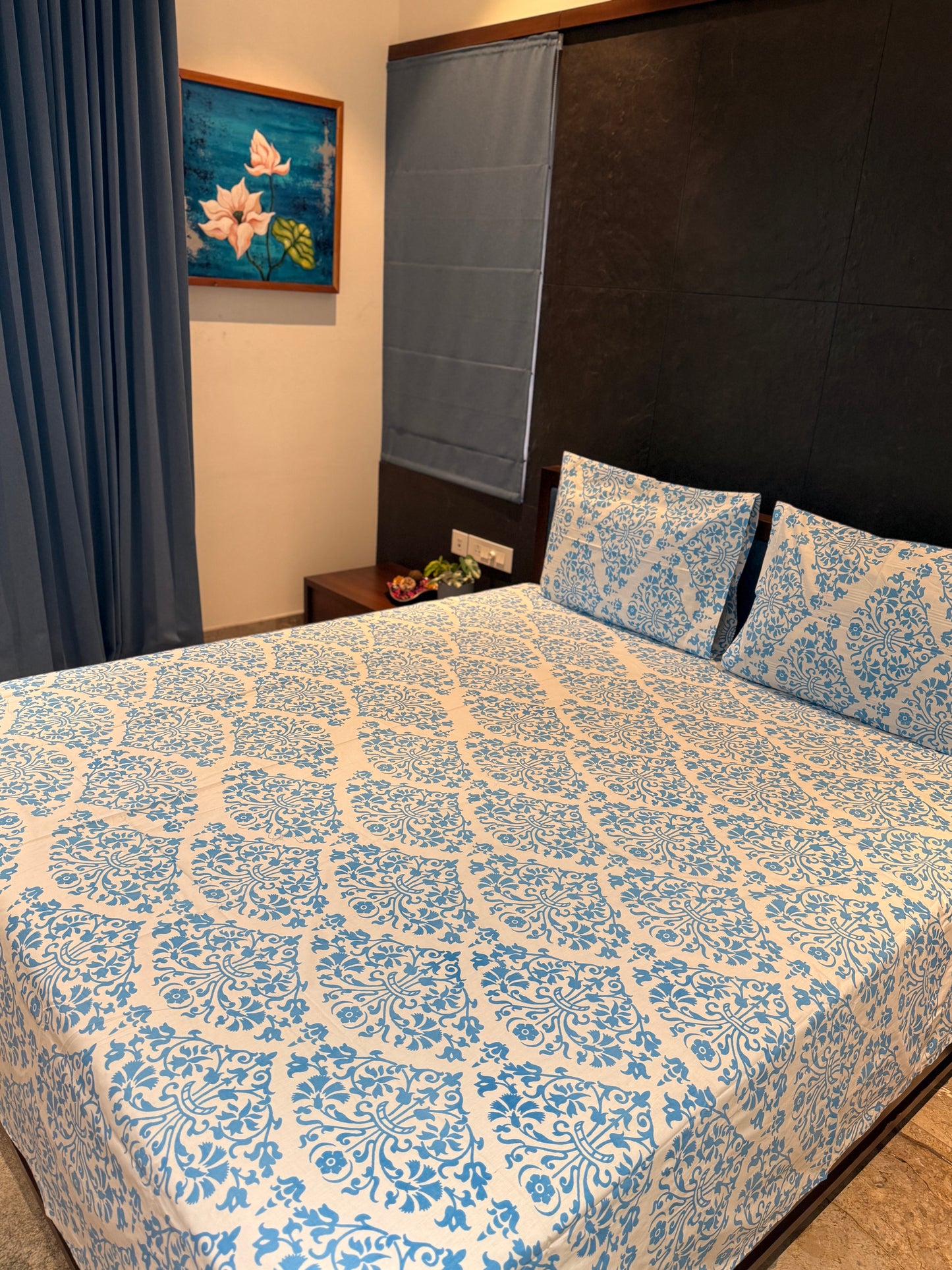 Blue Floral Printed Bed Sheet