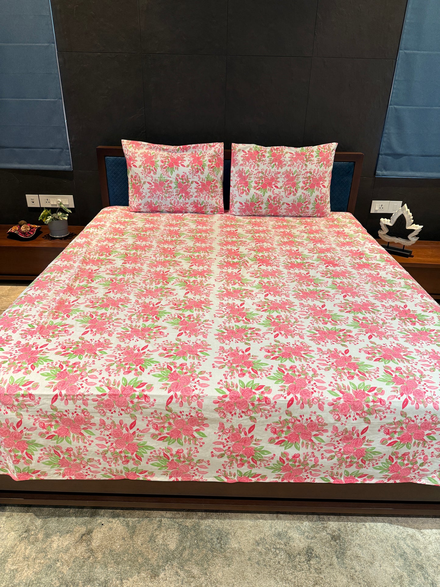 Pink and Green Flower Printed Bed Sheet