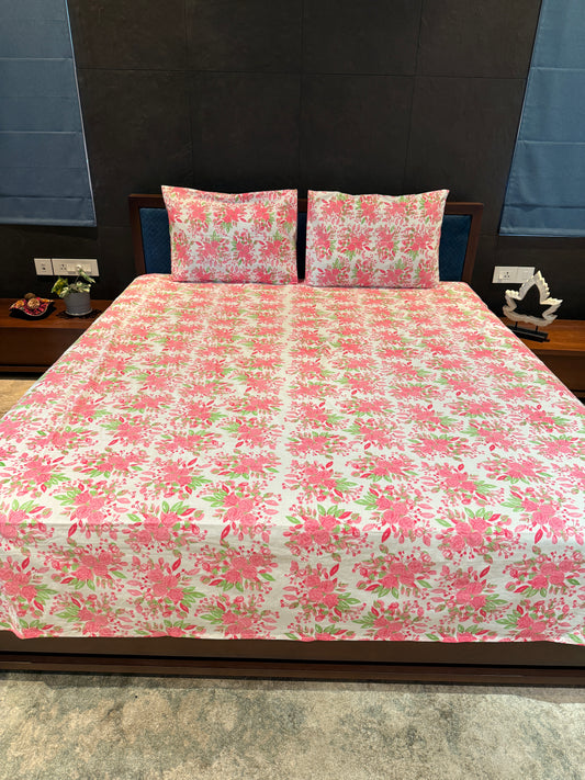Pink and Green Flower Printed Bed Sheet