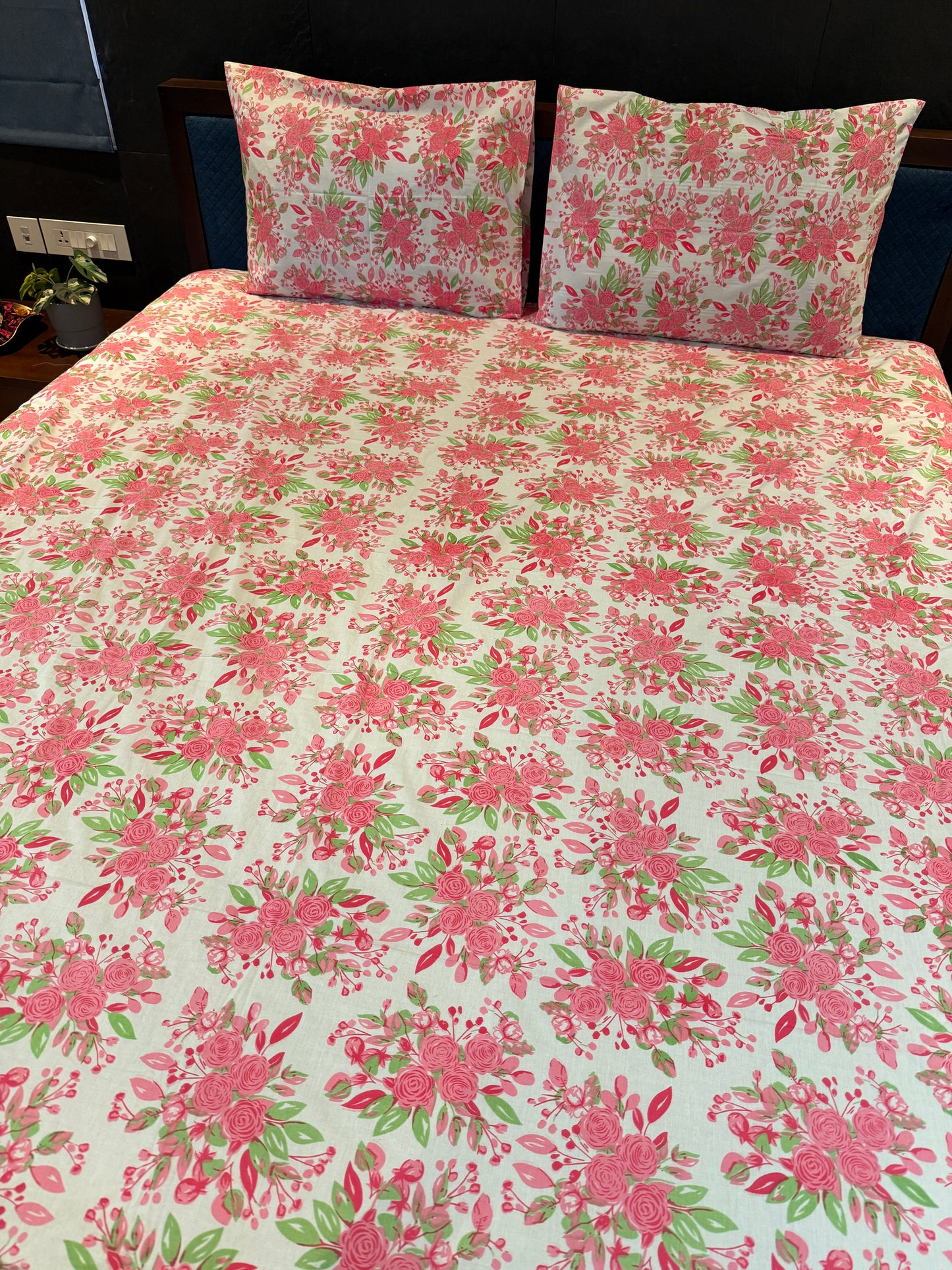 Pink and Green Flower Printed Bed Sheet