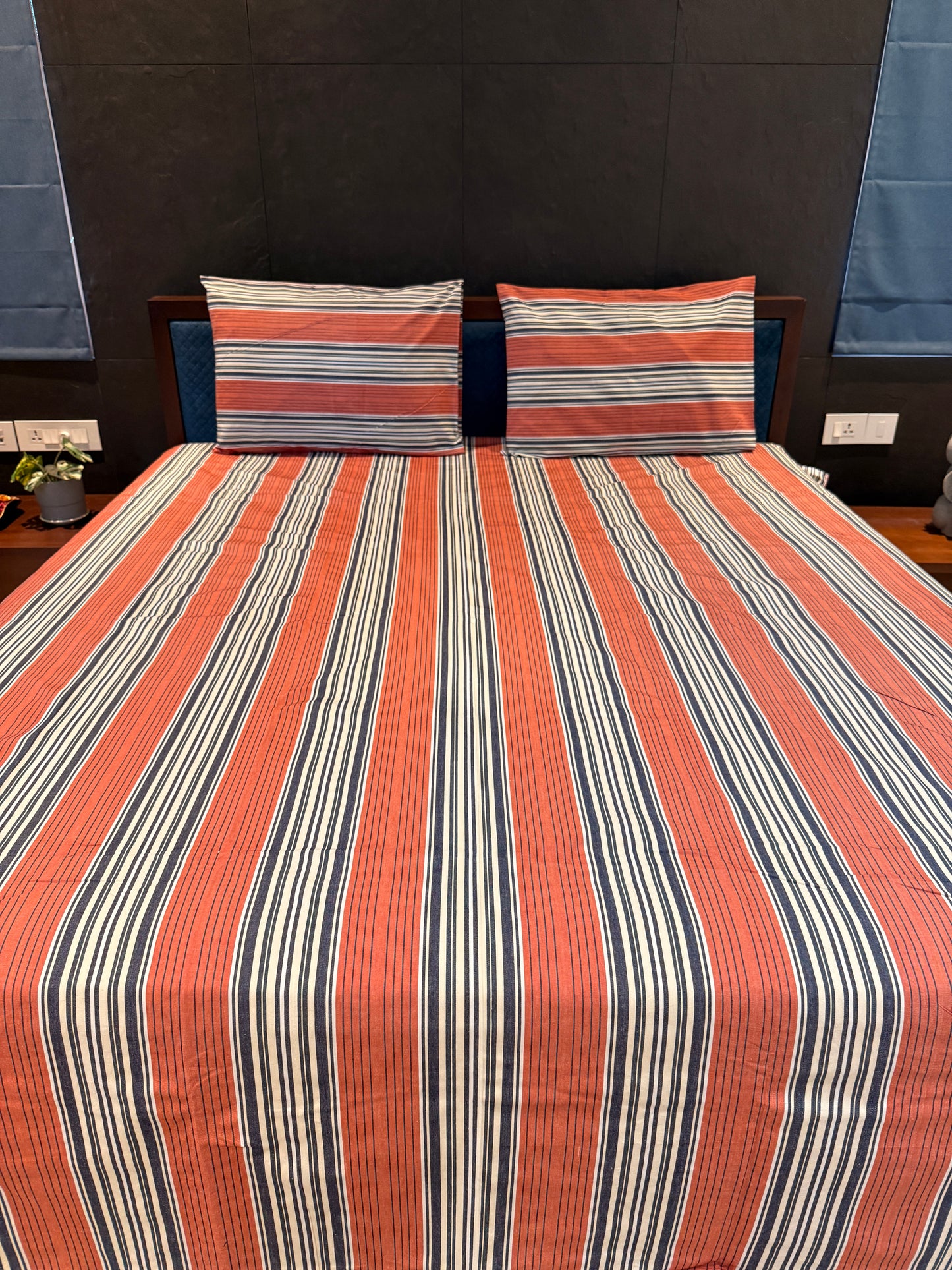 Brick Red Stripe Bed Sheet with 2 Pillow Cover