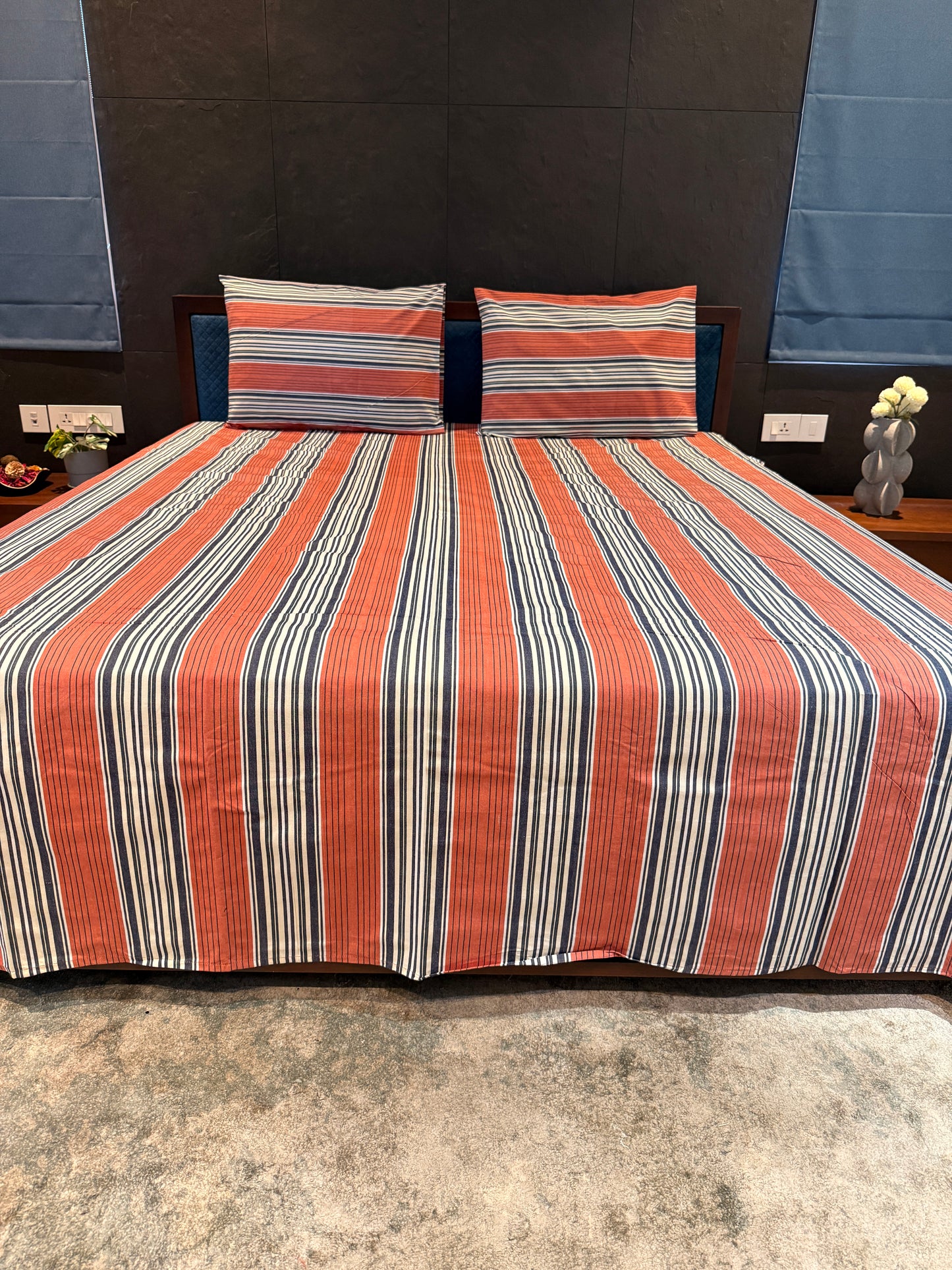 Brick Red Stripe Bed Sheet with 2 Pillow Cover