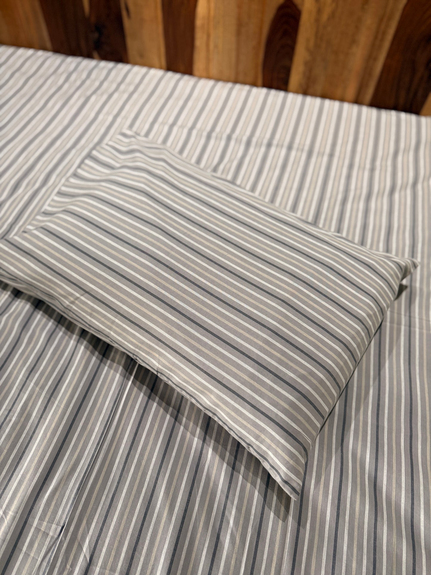 Grey Beige Stripe Bed Sheet with 2 Pillow Cover