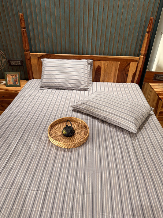 Grey Beige Stripe Bed Sheet with 2 Pillow Cover