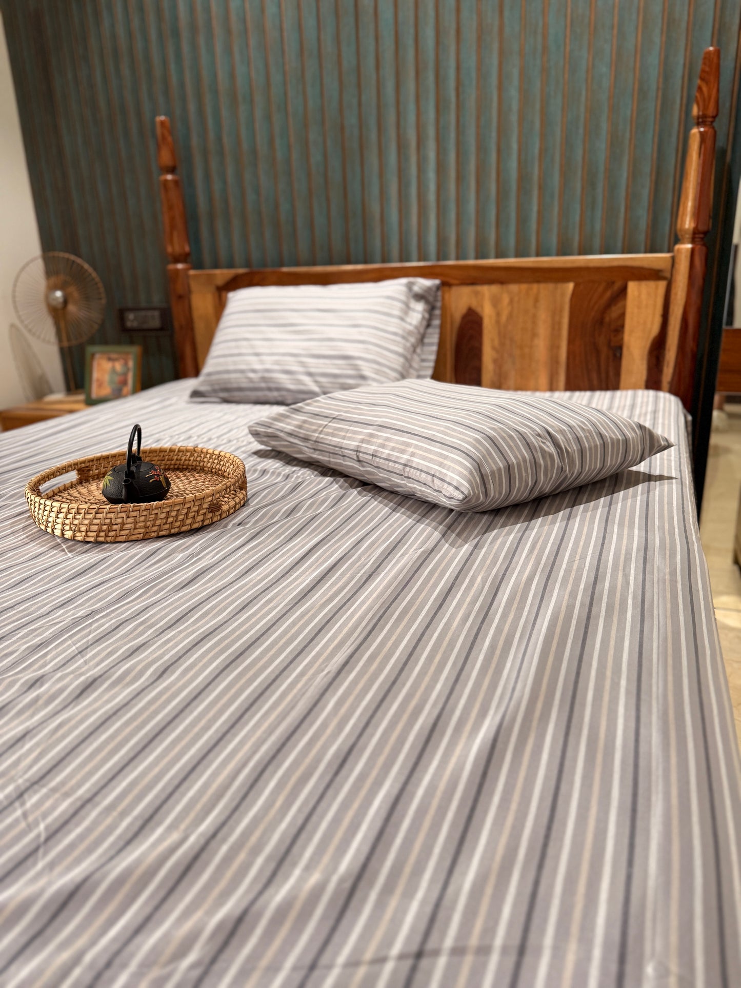 Grey Beige Stripe Bed Sheet with 2 Pillow Cover