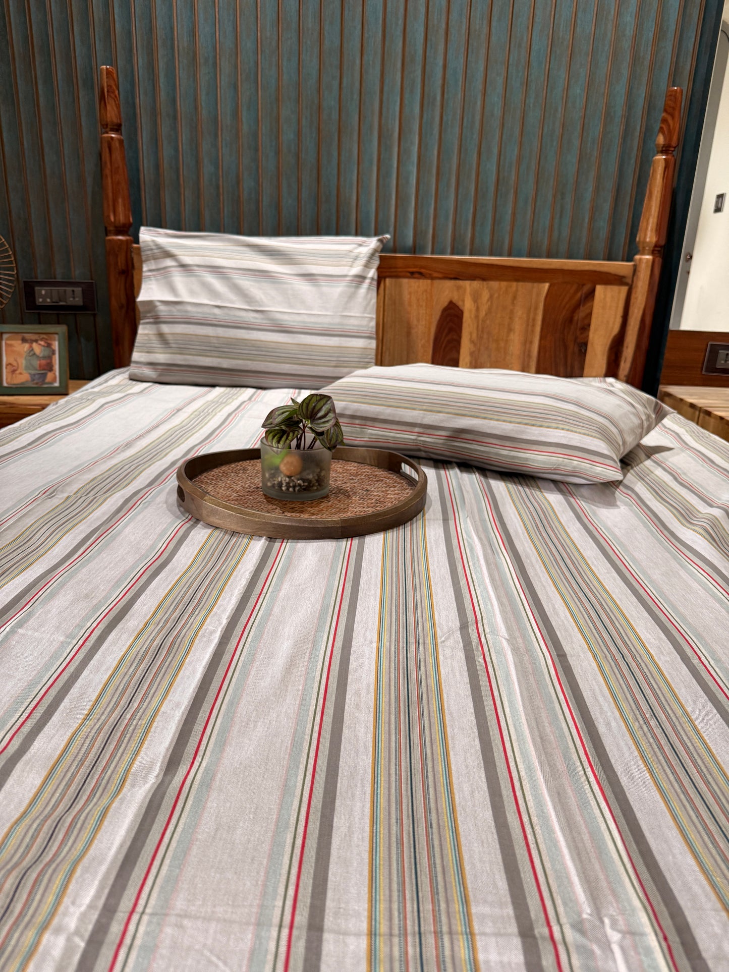 Grey Red Mustard Stripe Bed Sheet with 2 Pillow Cover