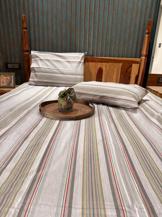 Grey Red Mustard Stripe Bed Sheet with 2 Pillow Cover