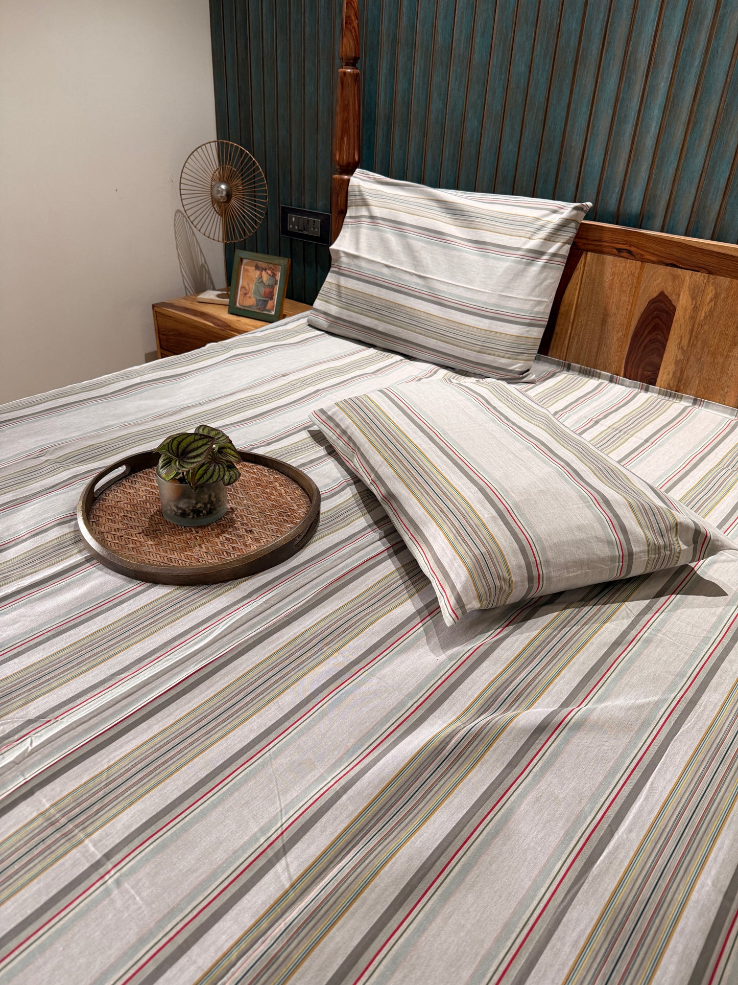 Grey Red Mustard Stripe Bed Sheet with 2 Pillow Cover