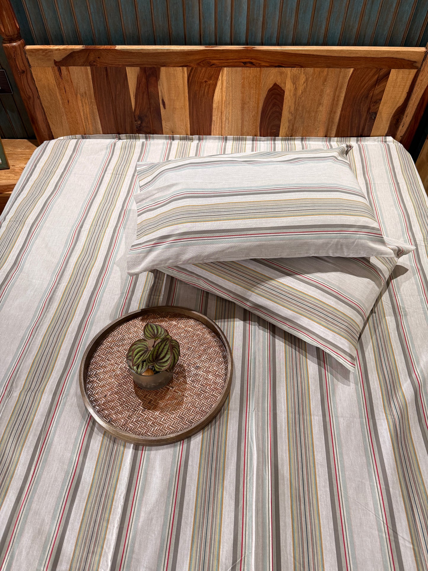 Grey Red Mustard Stripe Bed Sheet with 2 Pillow Cover