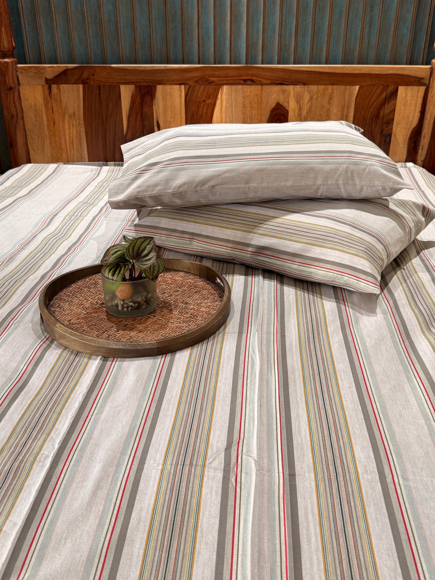 Grey Red Mustard Stripe Bed Sheet with 2 Pillow Cover