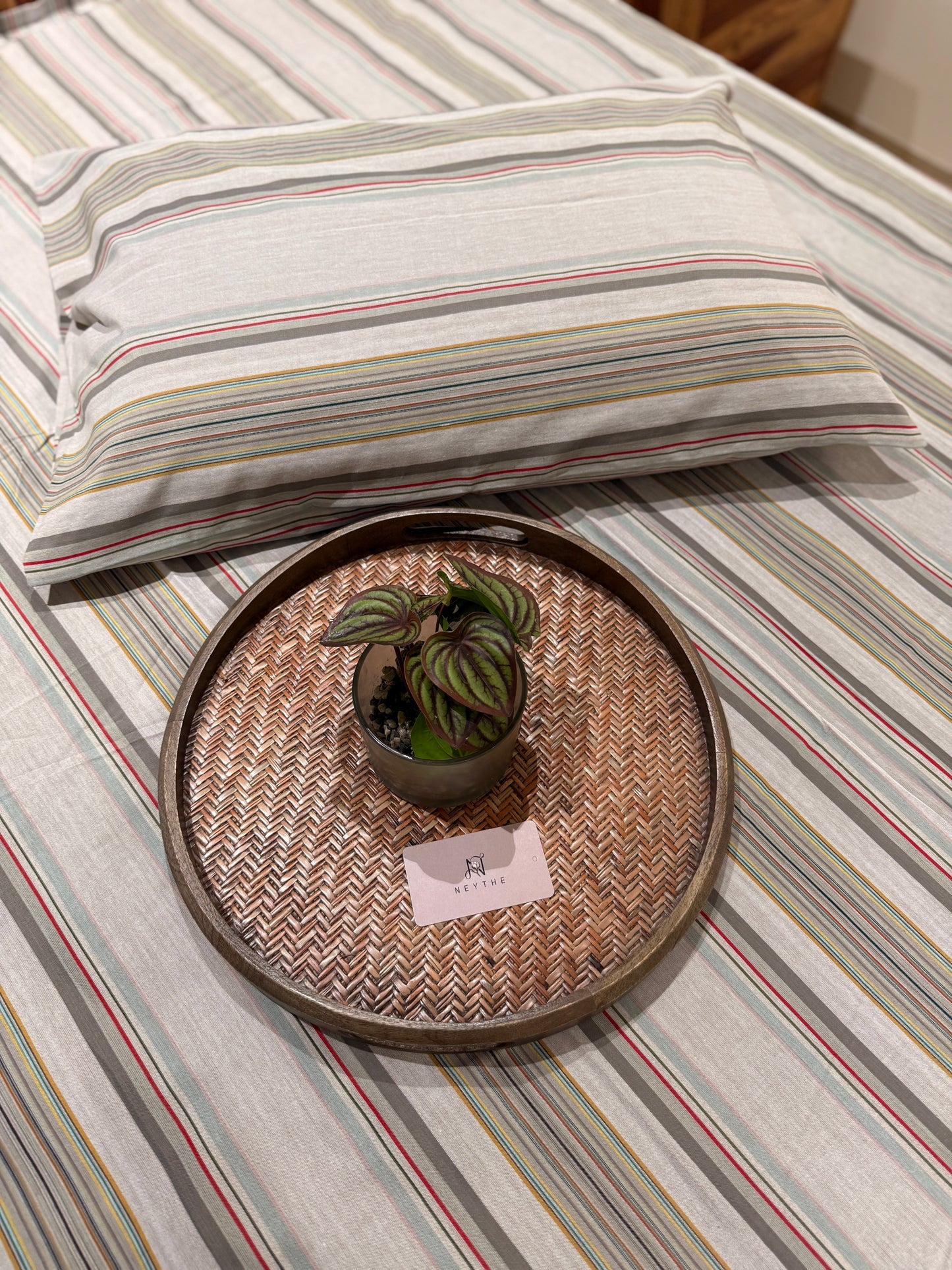 Grey Red Mustard Stripe Bed Sheet with 2 Pillow Cover