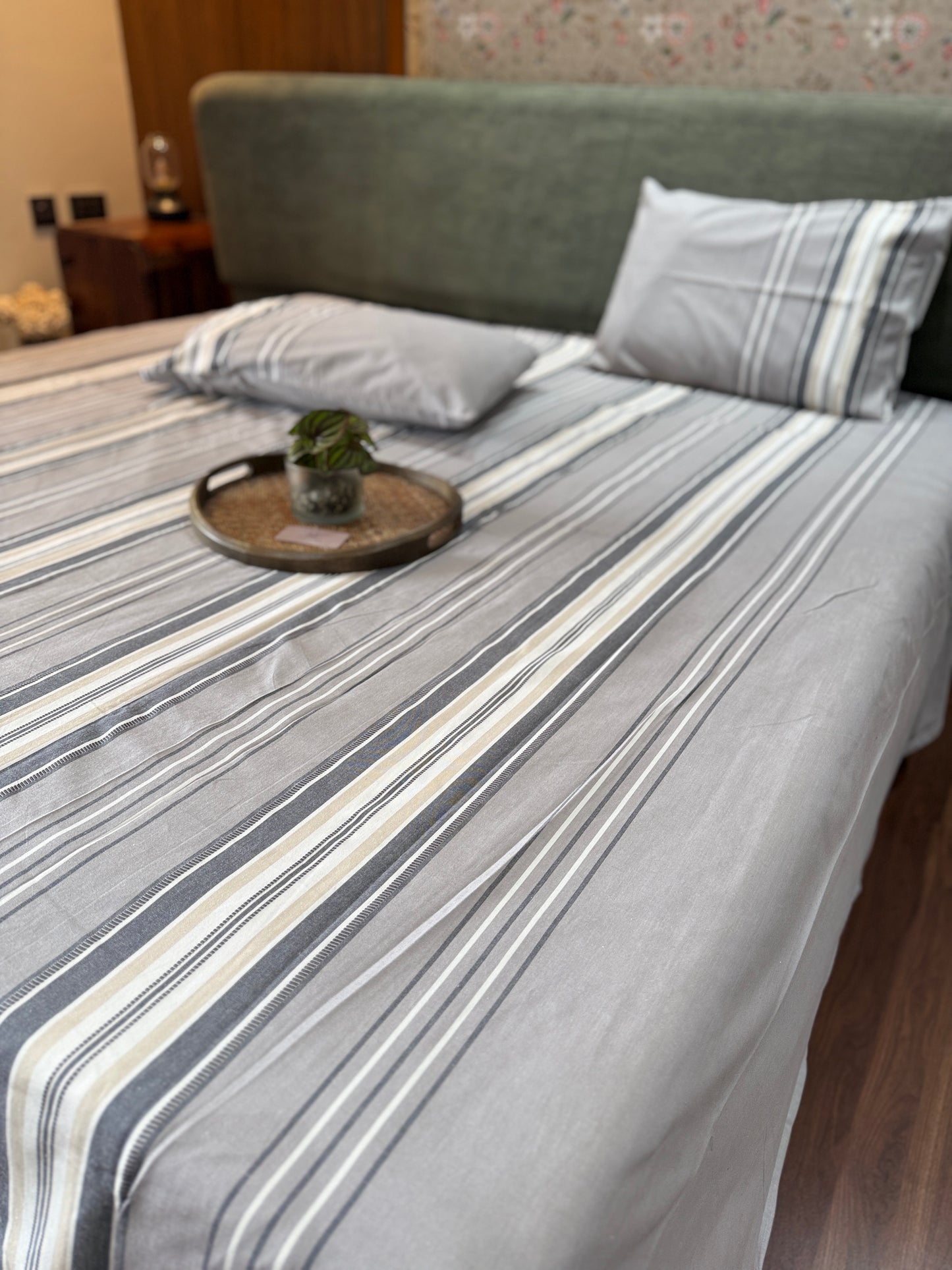 Grey  Dobby Stripe Bed Sheet with 2 Pillow Cover
