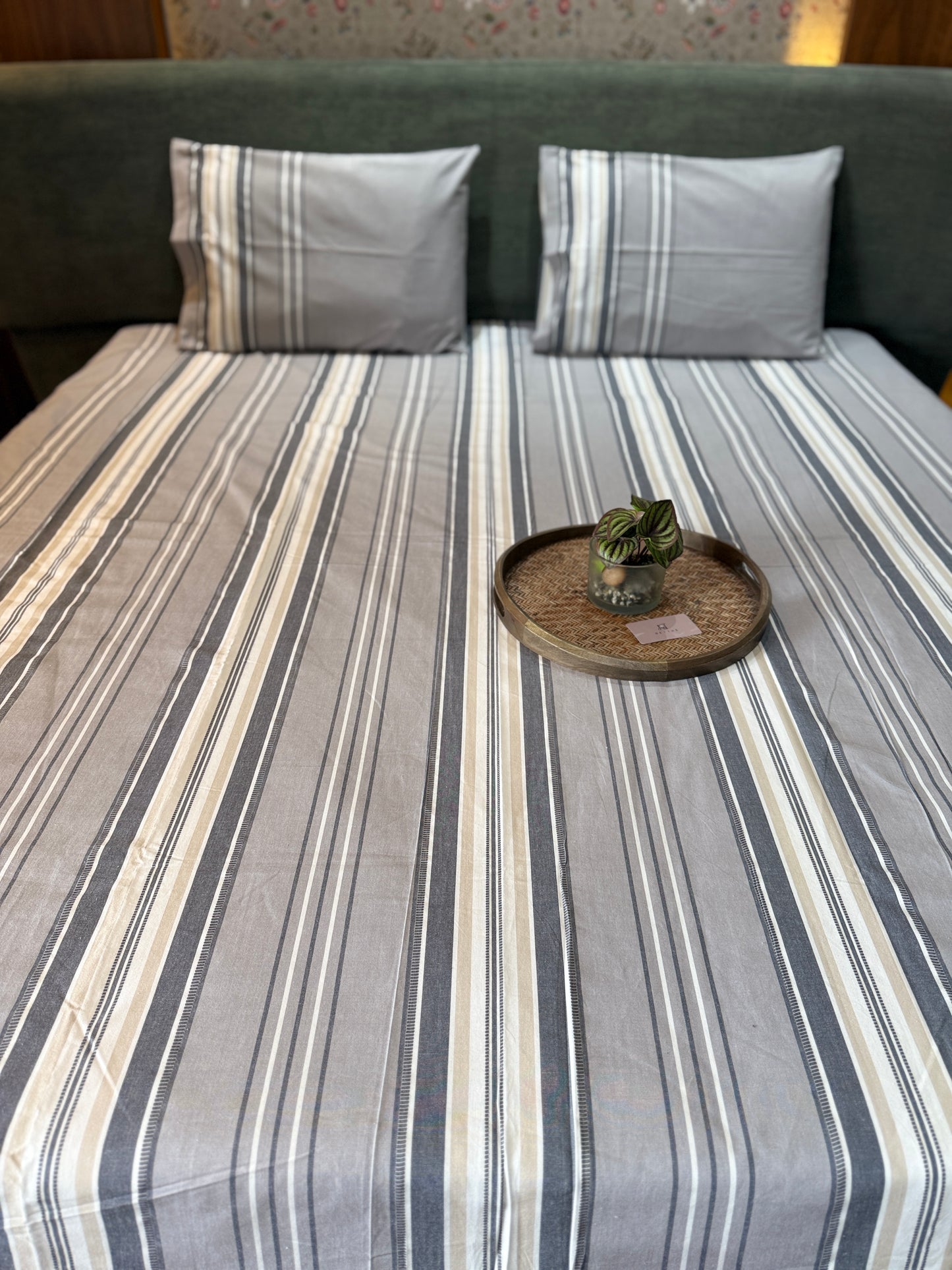 Grey  Dobby Stripe Bed Sheet with 2 Pillow Cover