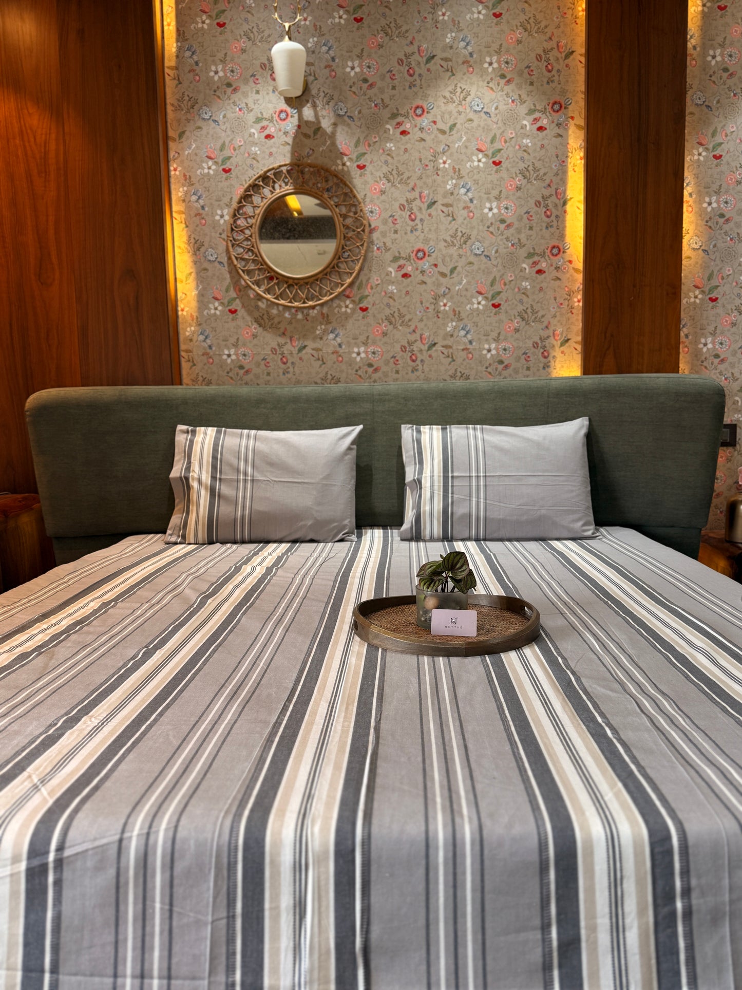 Grey  Dobby Stripe Bed Sheet with 2 Pillow Cover