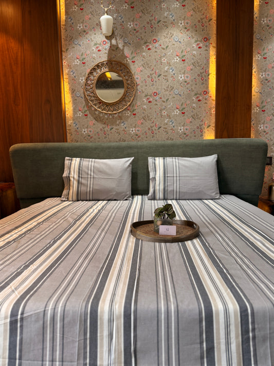 Grey  Dobby Stripe Bed Sheet with 2 Pillow Cover
